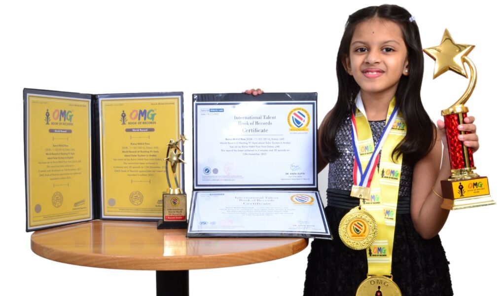 Rutva a 7-year-old Indian UAE resident created two World Records in two languages (English and Arabic) in one attempt