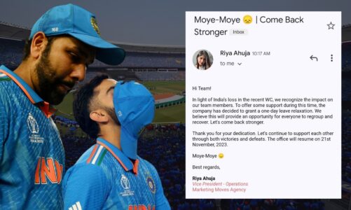 Marketing Moves Agency teams up against Monday Blues after India’s loss in the World Cup, granted 1 day off for mental well-being!